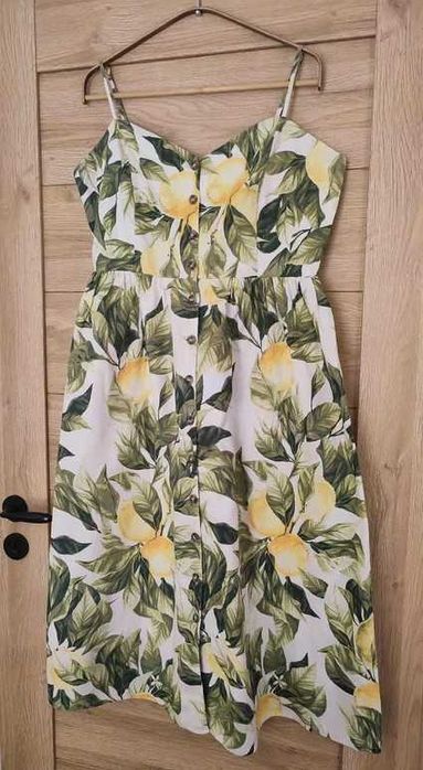 Sukienka midi H&M cytryny liście włoski styl, linen cotton summer dress lemon italian style M/38