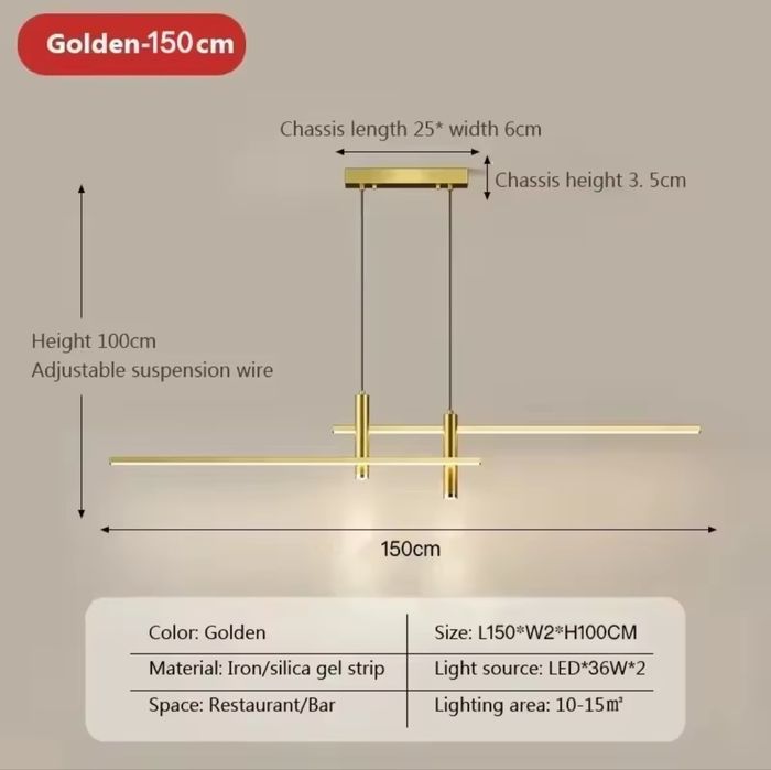 Candeeiro Suspensão LED Moderno 1.50m Dourado - NOVO (Luz Fria)