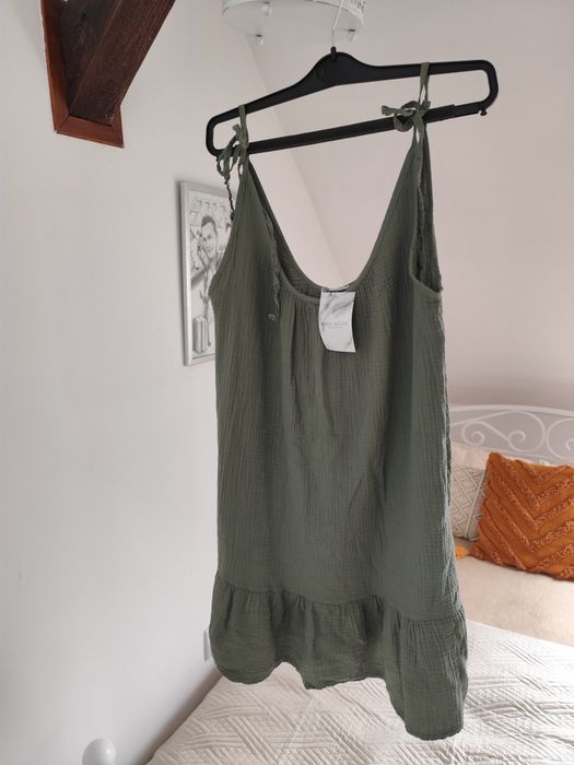 Muślinowa nowa sukienka khaki lato plaża wiązana uniwersalna
