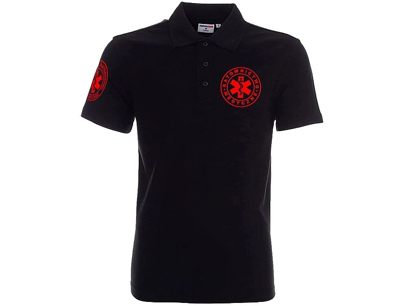 Koszulka Polo ratownicza czarna męska FUNKCYJNA - nadruk FLUO przód +