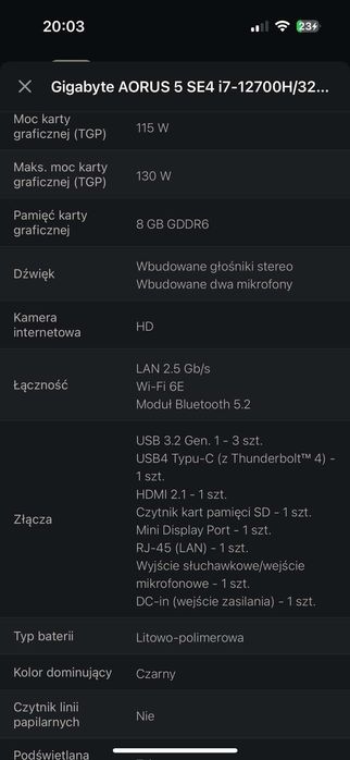 Gigabyte AORUS 5 SE4 i7-12700H/32GB/1TB RTX3070