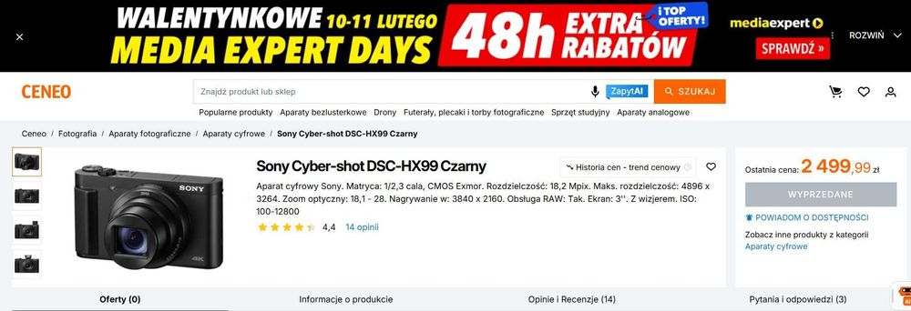 Fantastyczny aparat fotograficzny Sony DSC HX 99