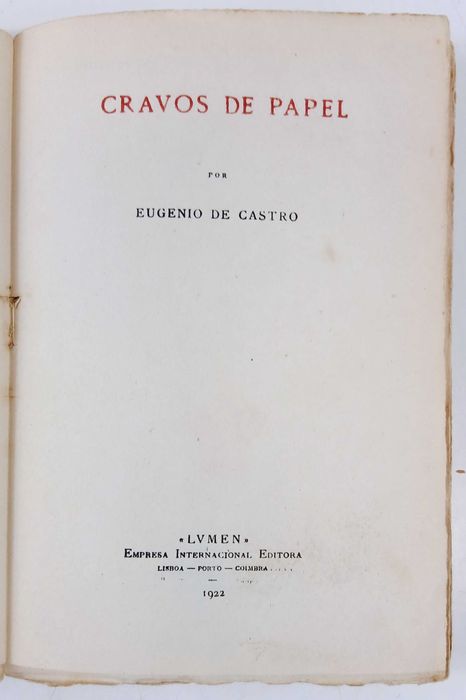 Cravos de Papel - 1922 – Eugénio de Castro – Primeira Edição.