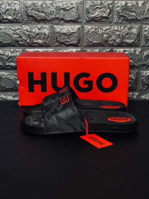 Тапки для дома / мужские шлепанцы Hugo / мягкая подошва / шлепки хюго / черные шлепанцы / мужская пляжная обувь