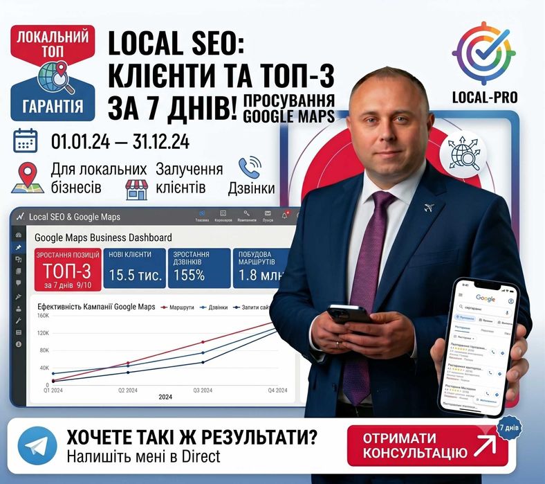 Local SEO: Клієнти та ТОП-3 за 7 днів! Просування Google Maps. Знижка -30%