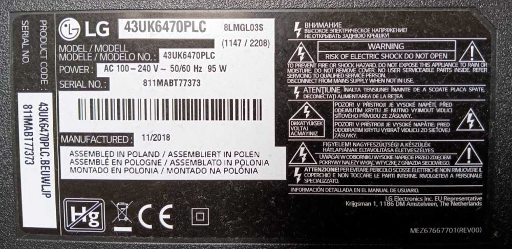 LG 43uk6470plc - Peças