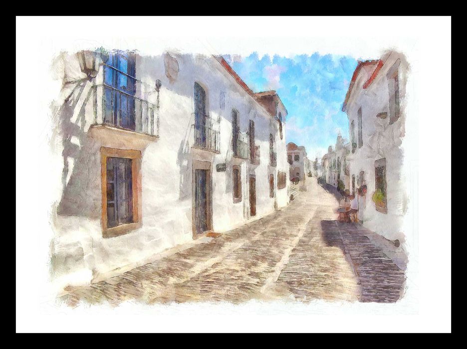 Gravura a Aquarela "Uma Rua de Monsaraz de Reguengos". 29,7 x 42 cms