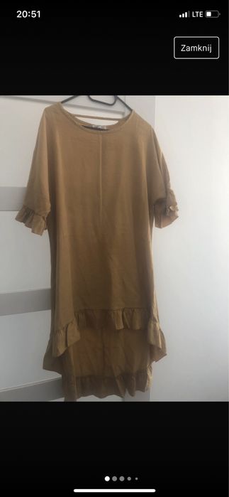 Tunika damska bluzka krotki rekaw musztardowa lyocel  42 XL falbanka