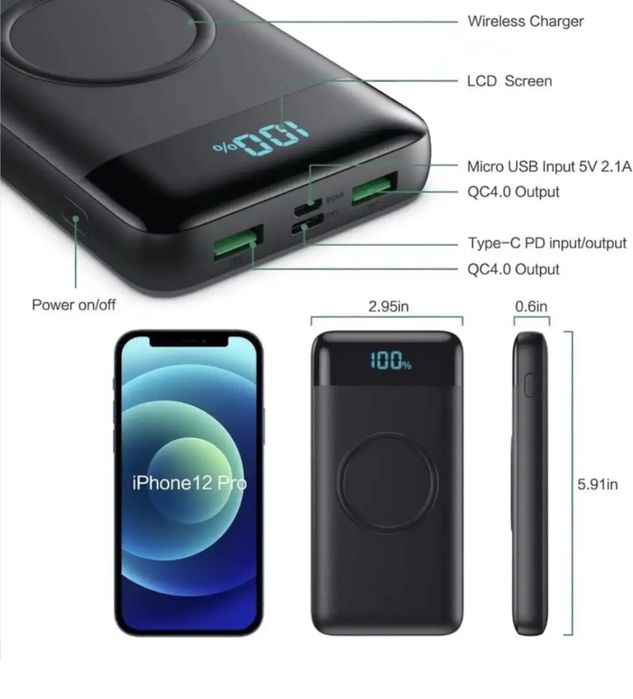 Power Bank black FOCHEW 30800mAh PD, QC 4.0, Qi бездротове заряджання