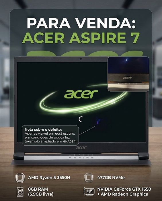 Acer Aspire 7 Gaming | Ryzen 5 | GTX 1650 | 477GB | Bateria Impecável