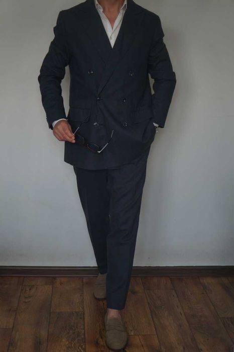 Reserved M Granatowy Garnitur Dwurzędowy Letni Len Bawełna Regular Fit Elegancki Styl