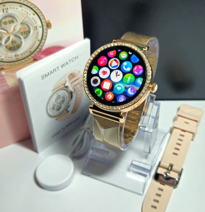 Luksusowy Smartwatch Damski Złoty Zegarek Nowy Ekran z Cyrkoniami