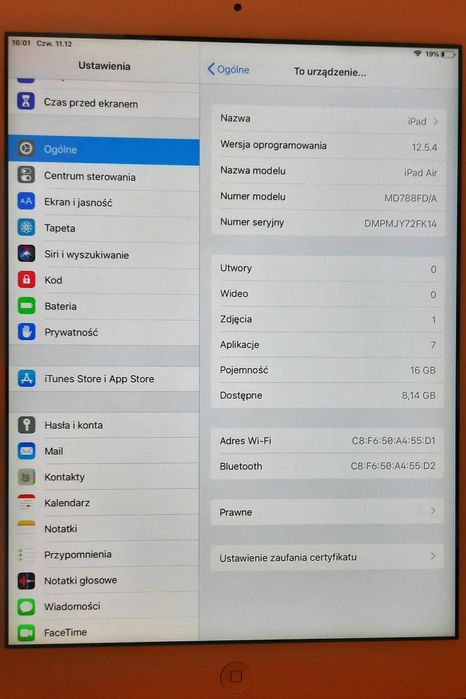 TABLET Apple iPad Air 9,7" 16GB biały & srebrny BDB STAN 100% SPRAWNY