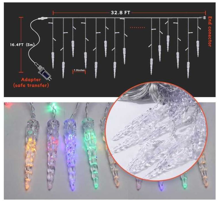 Lampki świąteczne wielokolorowe sople 10m, sterowanie pilotem 8 trybów