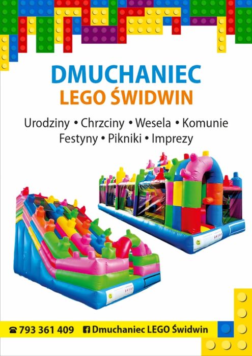 Dmuchaniec zjeżdżalnia LEGO wynajem