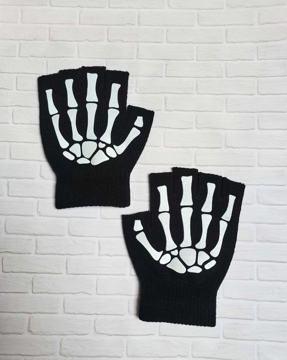 Czarne rękawiczki bez palców z nadrukiem: szkielet / kości (punk rock)