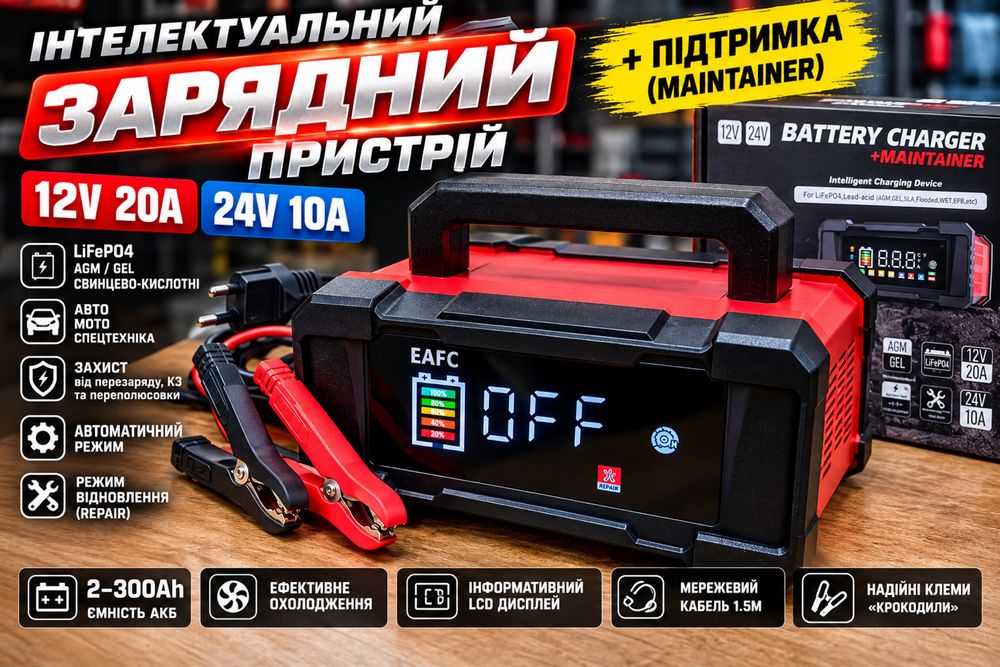 Зарядное устройство зарядка 12V 20A/24V 10A LiFePO4 AGM GEL автоматическое + поддержка