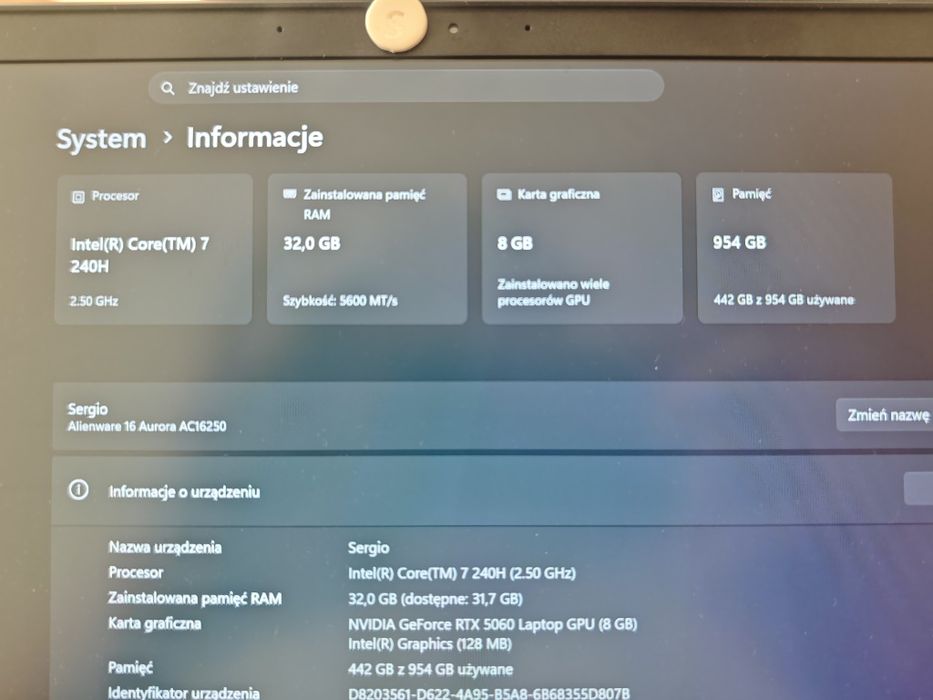 Laptop Alienware 16 Aurora RTX 5060 32GB RAM 1TB SSD GWARANCJA 2027