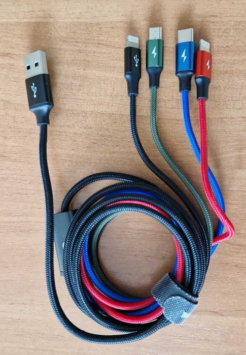 Szybki Kabel USB 4 wtyki: 2x Lightning iP, MicroUSB, USB-C - 1,2m 3,5 A