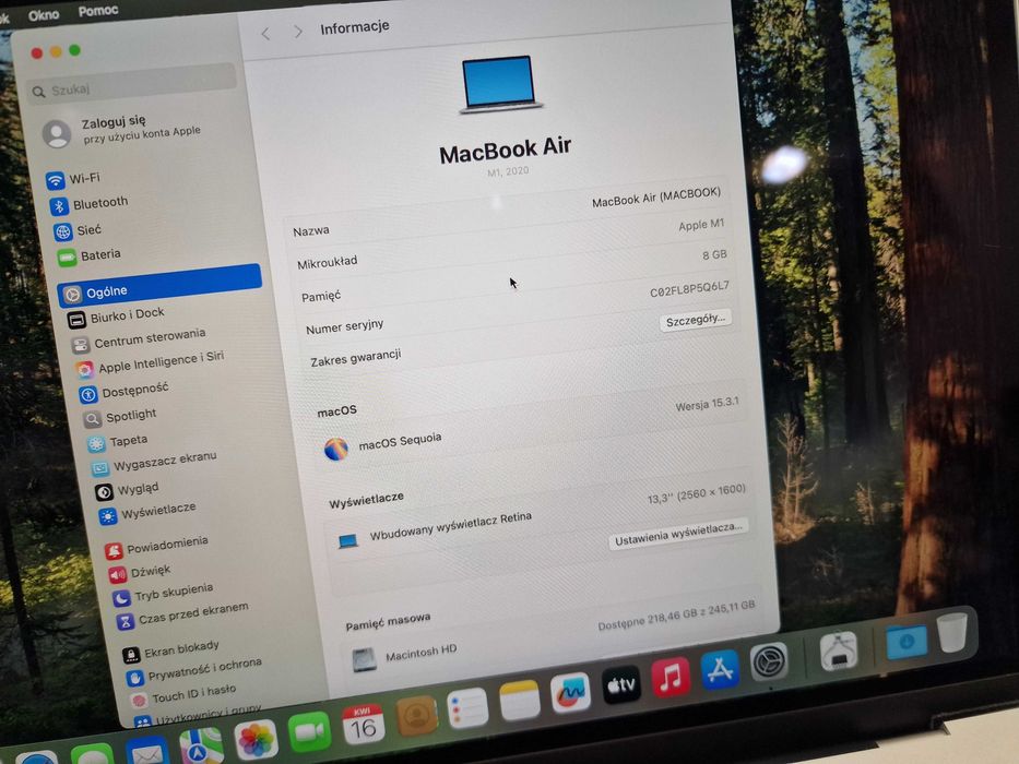Macbook Air 13 2020/ M1/ 8GB/ 256GB/ Silver/ 123 cykle/ Grade A-/ Gwarancja 6 MSC