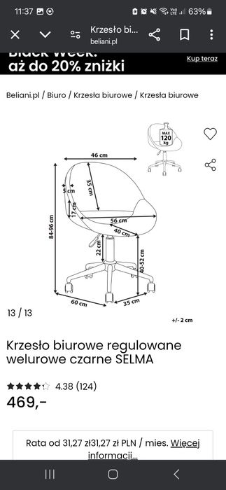 Krzesełko regulowane obrotowe biurowe welurowe szare
