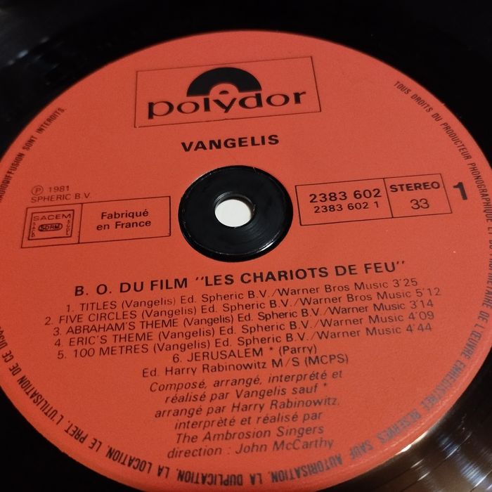 Płyta winylowa, Vangelis Les chariots de feu, Rydwany ognia, 1981