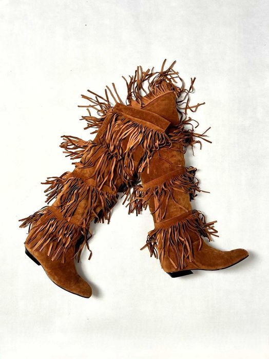Kozaki zamszowe z frędzlami BOHO skóra naturalna rude vintage 38,5 39