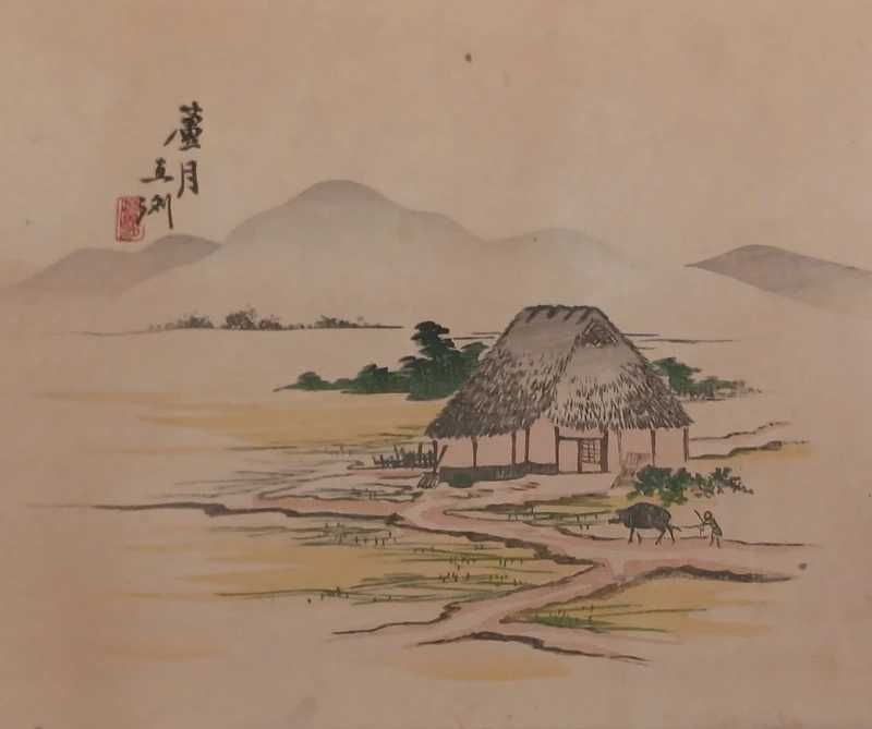 Xilogravura japonesa original de Yoshimi Rogetsu  Paisagem rural Período Meiji (1867–1912)