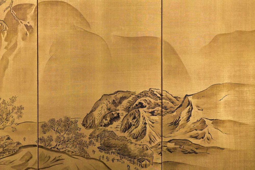 Biombo Japonês com folha de ouro em seda