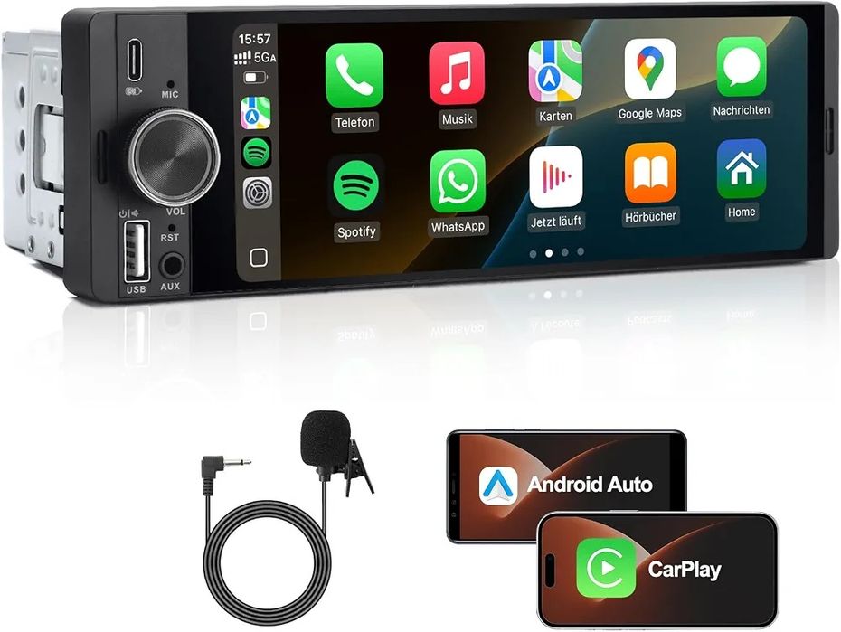 1-DIN автомагнітола з бездротовим CarPlay та Android Auto, автомагнітола з екраном, GPS-навігацією, FM, Bluetooth, дзвінками, екраном 6,36 дюйма