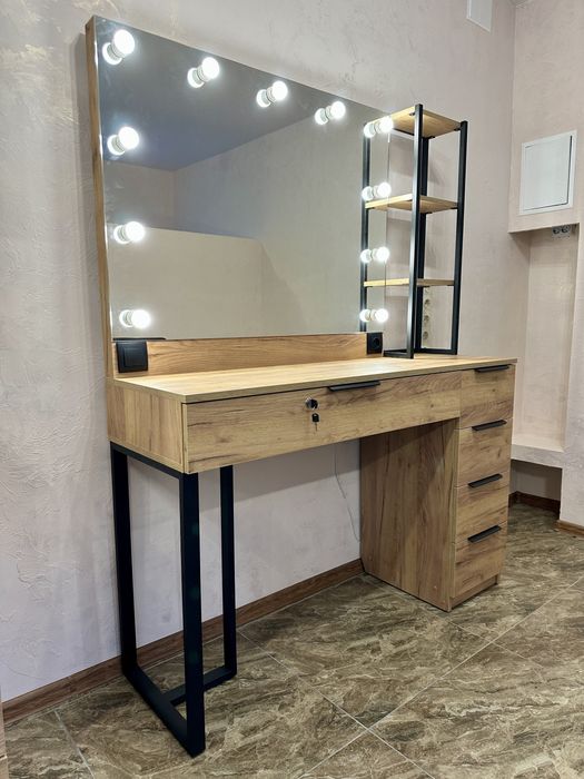 Гримерний столик 1.4 метра  з дзеркалом метал опори чорні дуб крафт