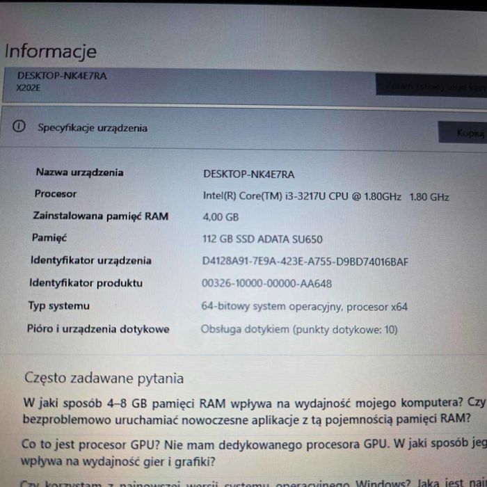 ASUS VivoBook X202E Intel-i3 / SSD / 4GB / DOTYK / Win10 + monitor GRATIS