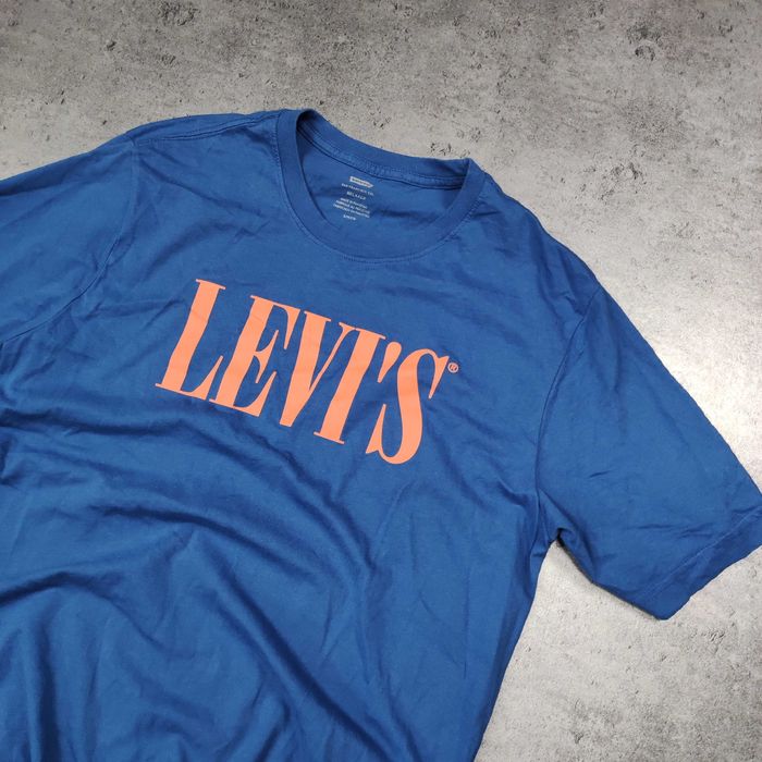 MĘSKA PREMIUM Koszulka Levis Niebieska Nadruk Bawełna Duże Logo