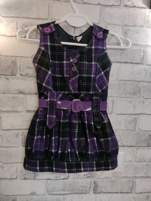 Fioletowa sukienka na szerokich szelkach krótka 98 kratkę kratka krata