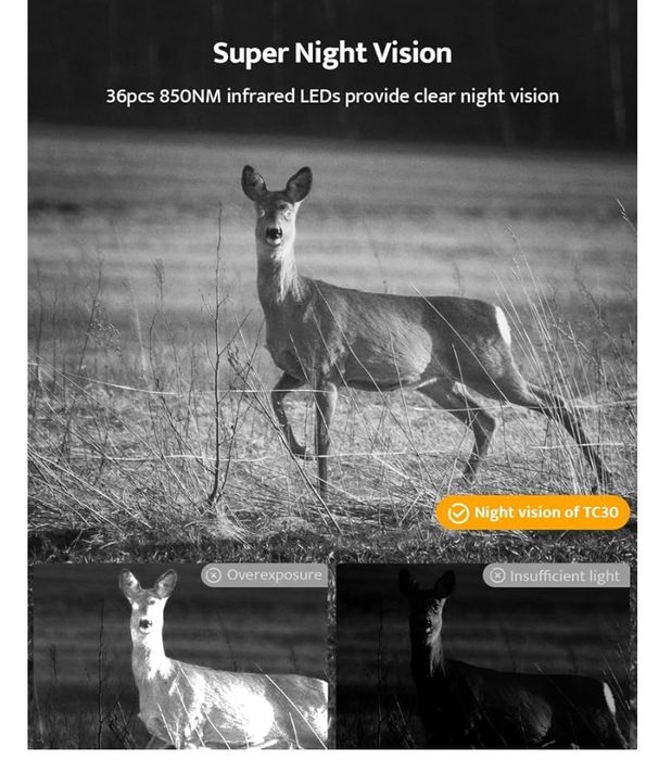 Fotopułapka 36 MP 4K, noktowizorem, z Kartą SD 32 GB i Bateriami 8 AA