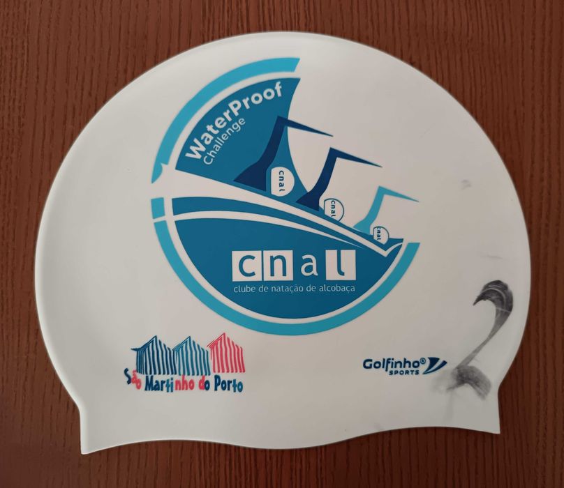Touca de natação de silicone, WaterProof Challenge - São Martinho do Porto, como nova, só usada uma vez no dia da prova.