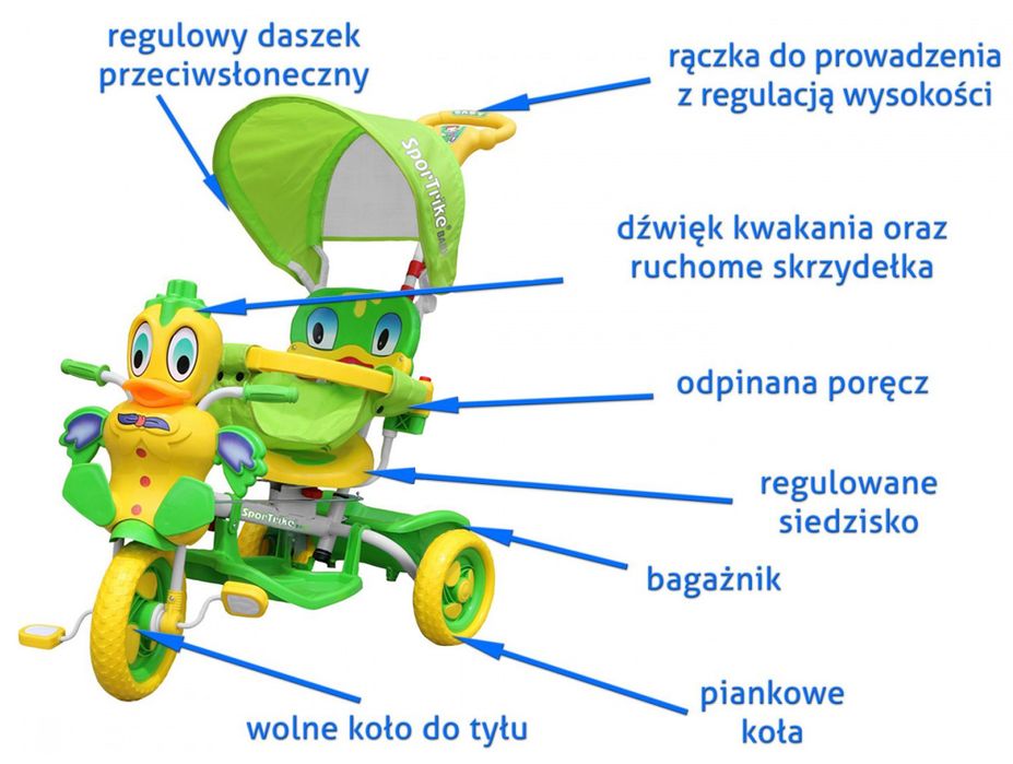 Rowerek Trzykołowy, KACZUSZKA + Dźwięki + Daszek + Barierka + Podnóżek + Rączka + Schowek