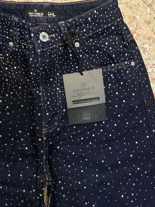 Темно-сіні жіночі джинси палаццо зі стразами