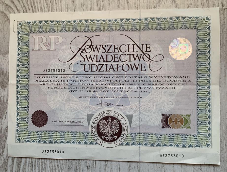 Powszechne swiadectwo udzialowe znaczki USD monety papiery wartosciowe