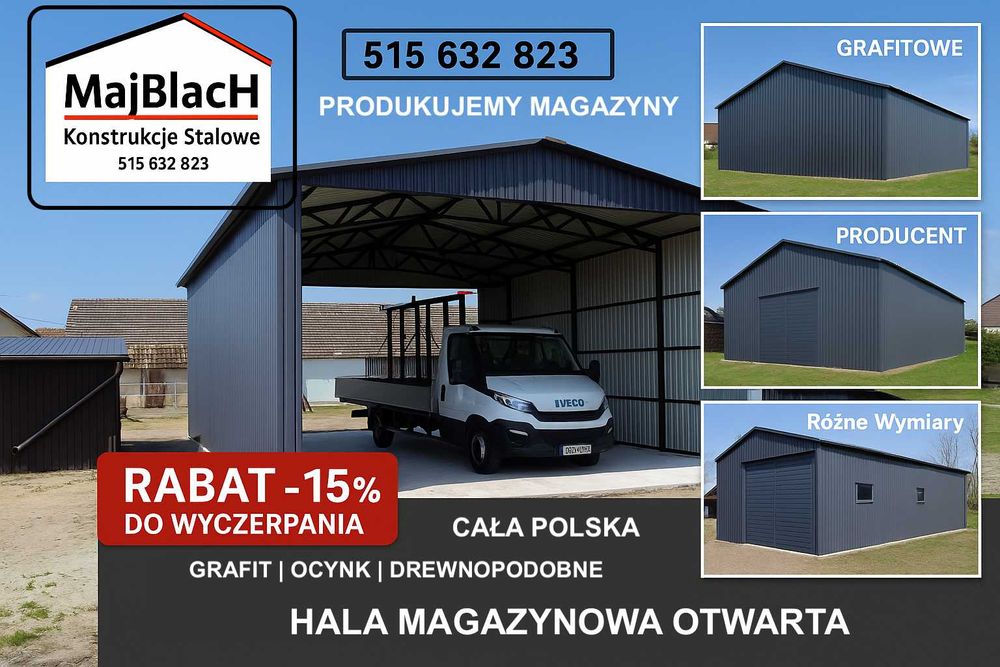 Duży Garaż Blaszany Dwuspadowy – Duża Hala - Magazyn Rolny - Maj-Blach