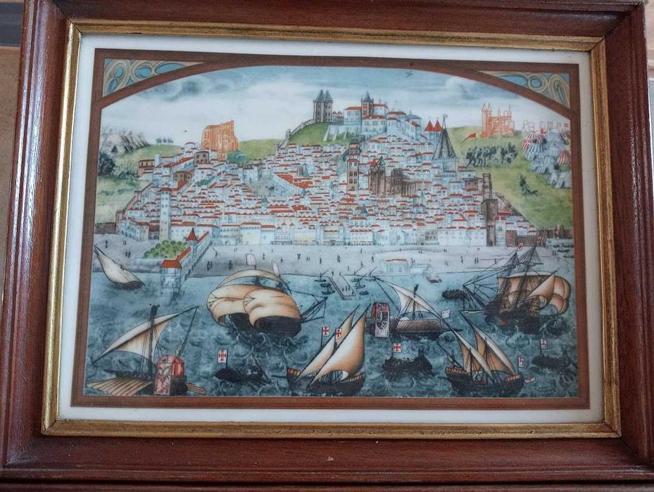 2 placas cerâmica VA, 23x30 cm,vista de Lisboa e Batalha de Aljubarrota,1385/1985