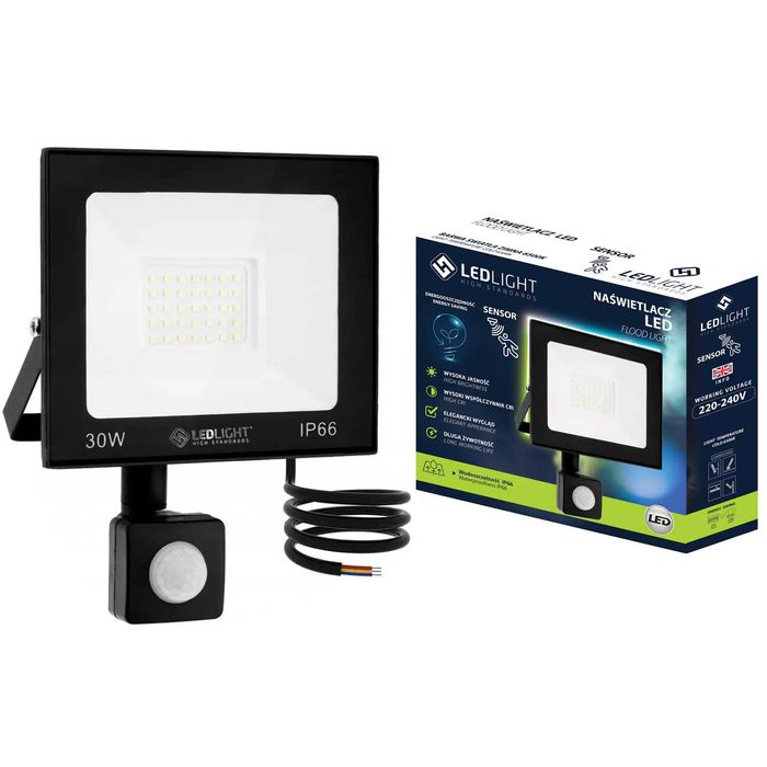 Halogen led Naświetlacz 30W czarny z czujnikiem ruchu IP66 lampa zewn