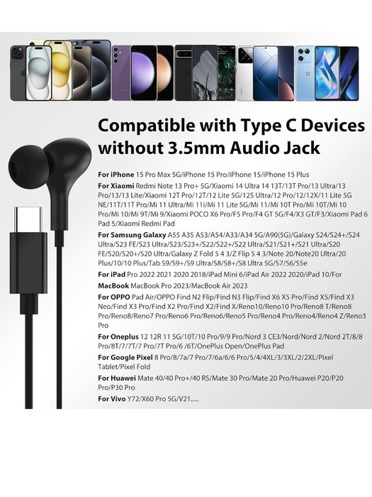 Słuchawki USB C do Galaxy A55, A35, 5G, Samsung A54, A34, A36, A53, S2