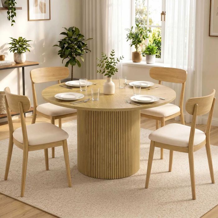 Mesa de Jantar Redonda Moderna para 4-6 Pessoas, Mesa de Cozinha de 110 cm com Base Cilíndrica Canelada, Carvalho