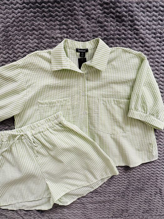 Boohoo komplet koszula + szorty r. 42 zielony paski lato oversize