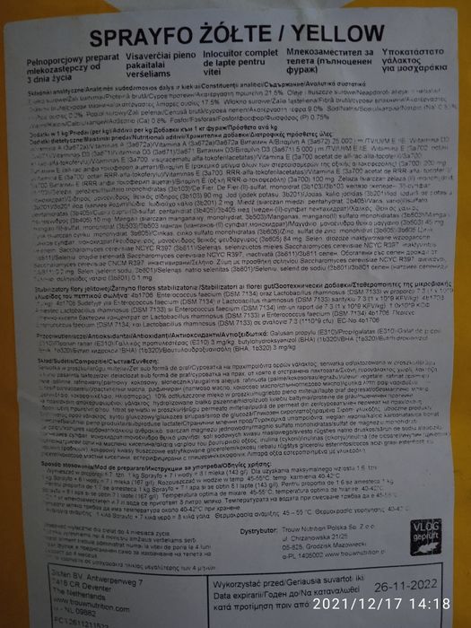 Sprayfo żółte, mleko dla cieląt od 2 dnia