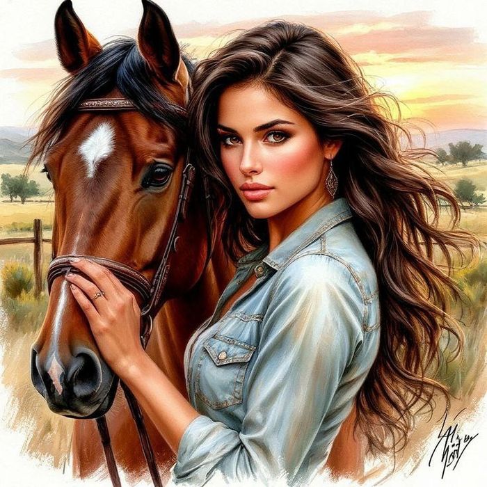 Алмазная вышивка мозаика "Девушка и конь" 40×40 см без подрамника