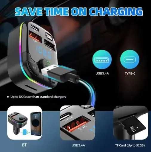 Transmiter samochodowy FM, BLUETOOTH 2xUSB i 1x USB-C