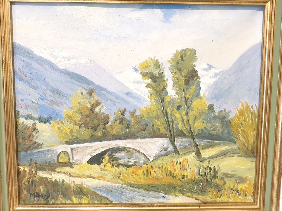 Pintura em óleo sobre tela - Paisagem montanhosa com ponte sobre rio