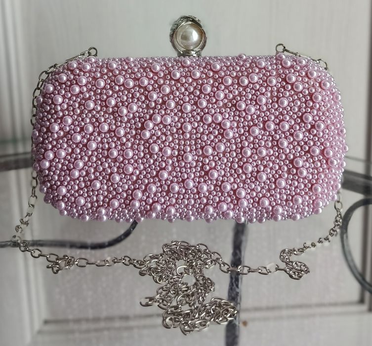 Luksusowa różowa pudrowa torebka wieczorowa kopertówka perły perełki cyrkonie ślub wesele bal psnitńdki vintage Glamour coquette lolita